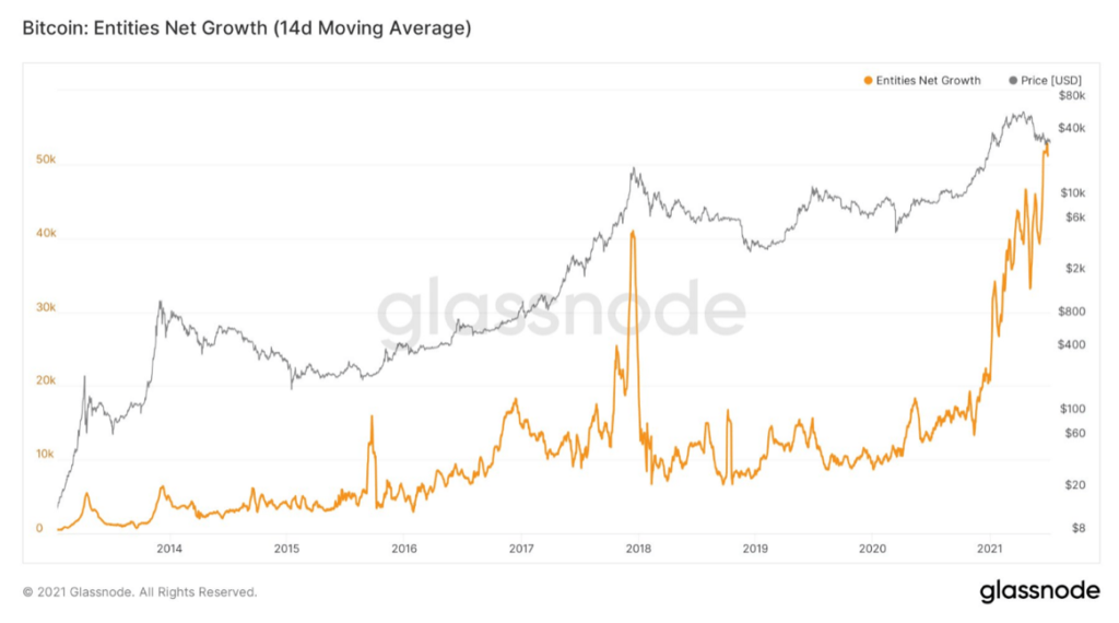 Market Research Report: Israel Buys Bitcoin But China FUD Still Drives Price Down While Stocks Hit ATHs - BTC New Entities Growth 1024x570